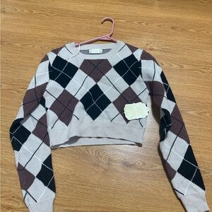 Altar'd State Argyle Crop Top - Brown, Black, Cream